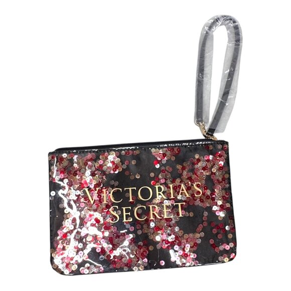 VICTORIA'S SECRET Large Travel Canvas/Sequin Striped Tote Bag Black W/ pouch New - Picture 12 of 14